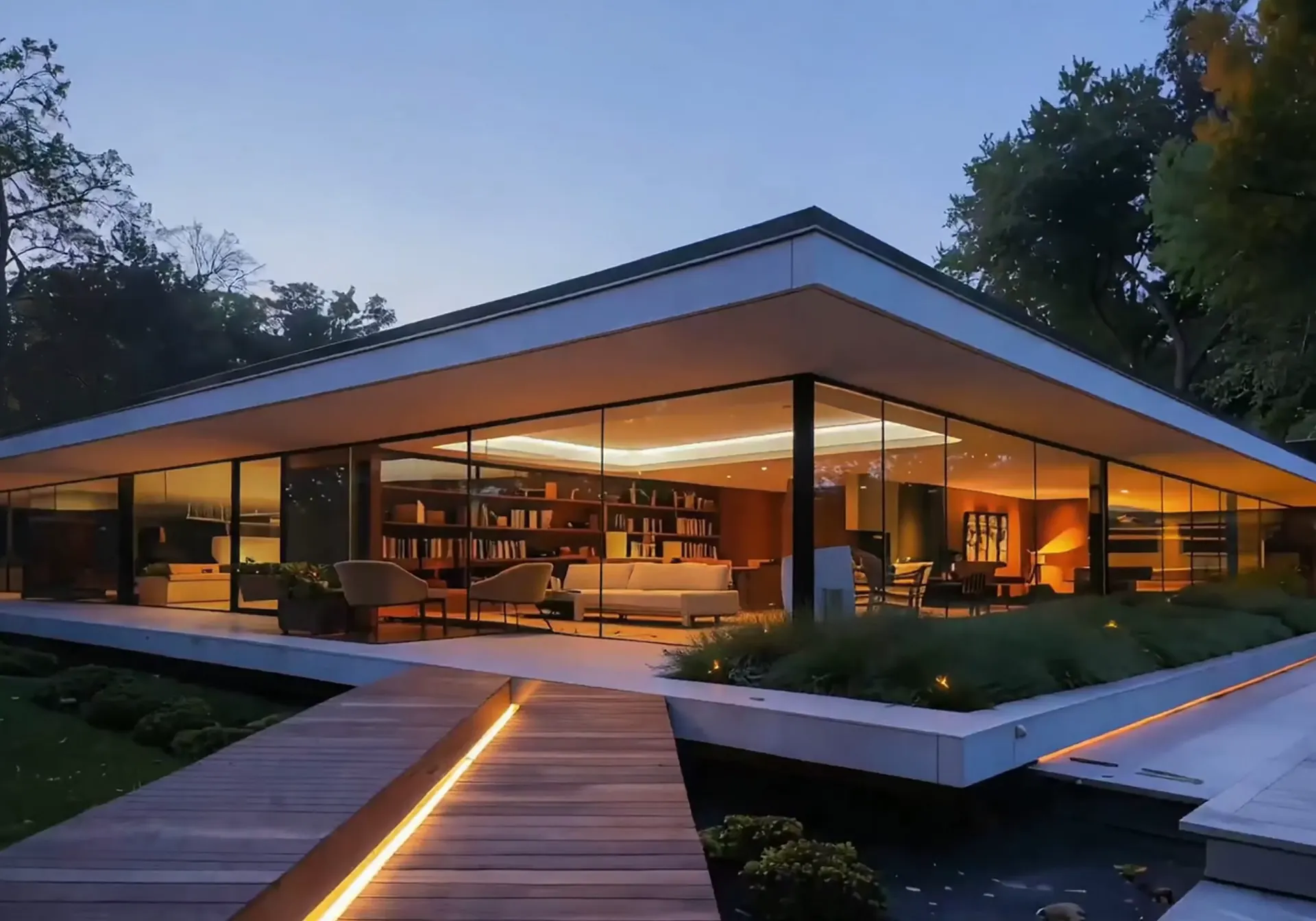 A modern glass house lit warm at dusk, a timber boardwalk with a glowing strip leading to it (illustrative, generated).