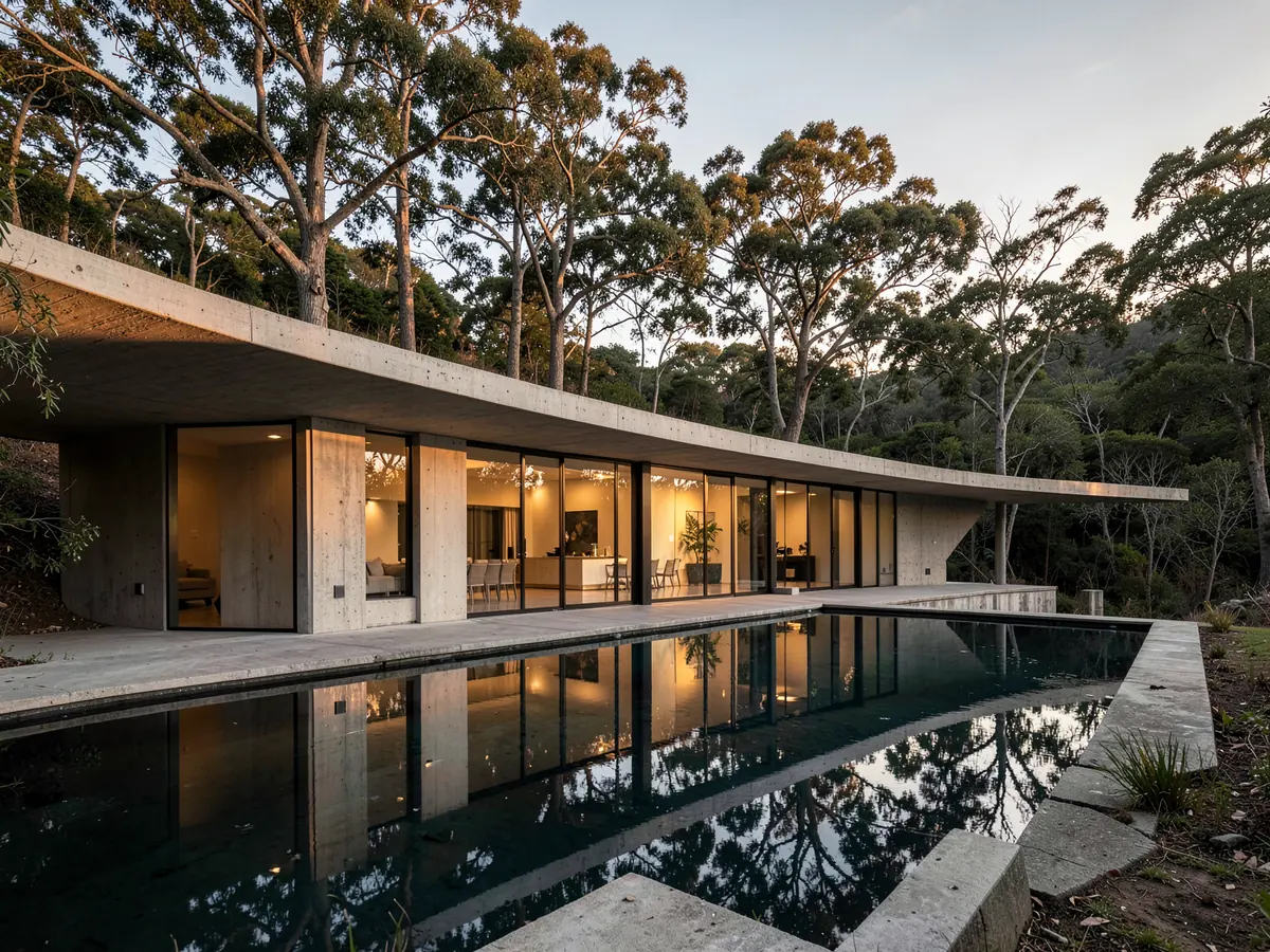 A concrete and glass house on a wooded hillside with its pool at golden hour (illustrative, generated).