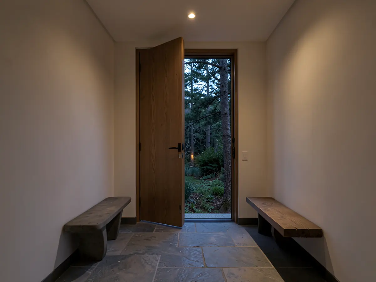 An oak pivot door half open onto a wooded garden at dusk (illustrative, generated).
